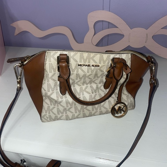 Michael Kors Handbags - Michael Kors Brown and Ivory MK Logo Satchel with Gold Hardware